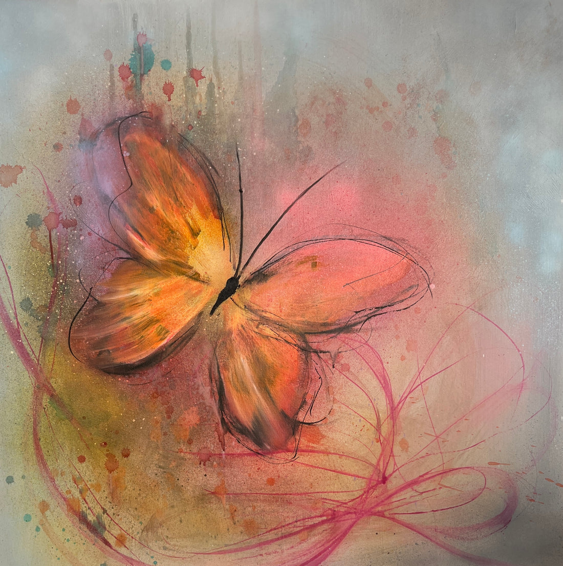 Orange yellow pink original beautiful butterfly painting on canvas