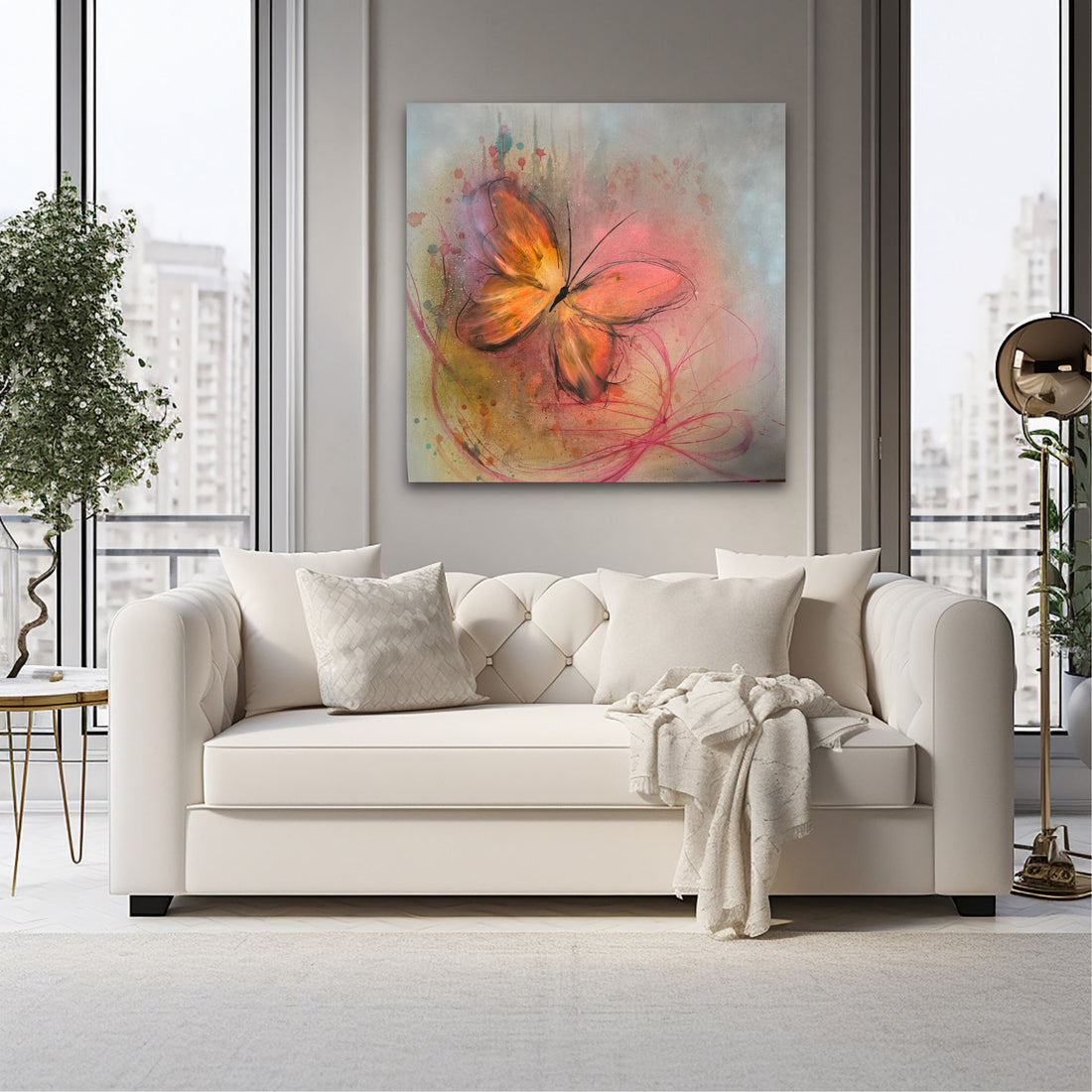 Orange yellow pink original beautiful butterfly painting on canvas