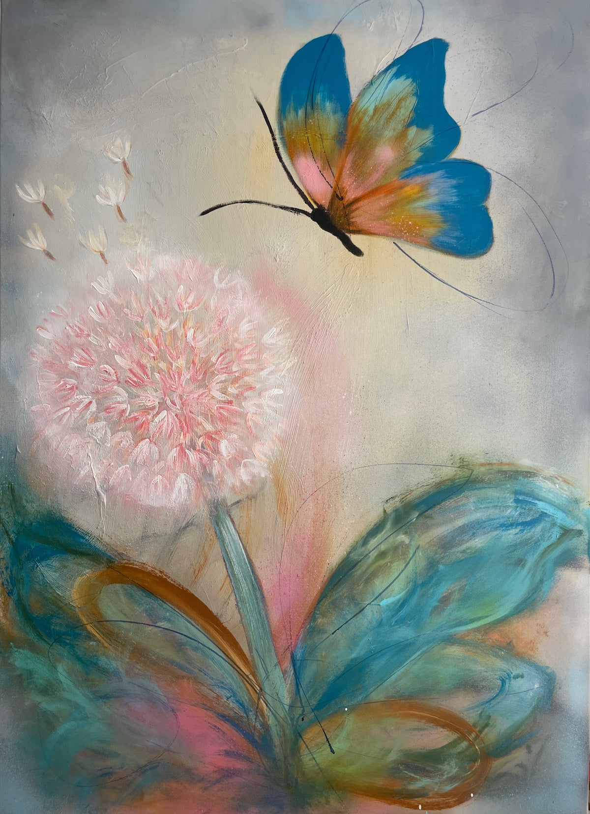 An expressive painting of a butterfly hovering near a dandelion. The butterfly has bright blue wings with orange and yellow accents, while the dandelion is soft pink and white.