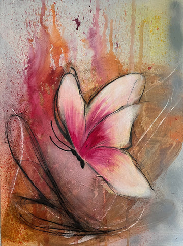 Abstract butterfly artwork with a pink and cream butterfly centered over a textured background of orange, brown, gray, and yellow paint drips and splatters.