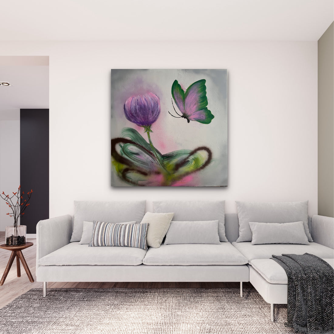 A colorful original painting of a purple flower and a green-and-purple butterfly on a light gray textured background.