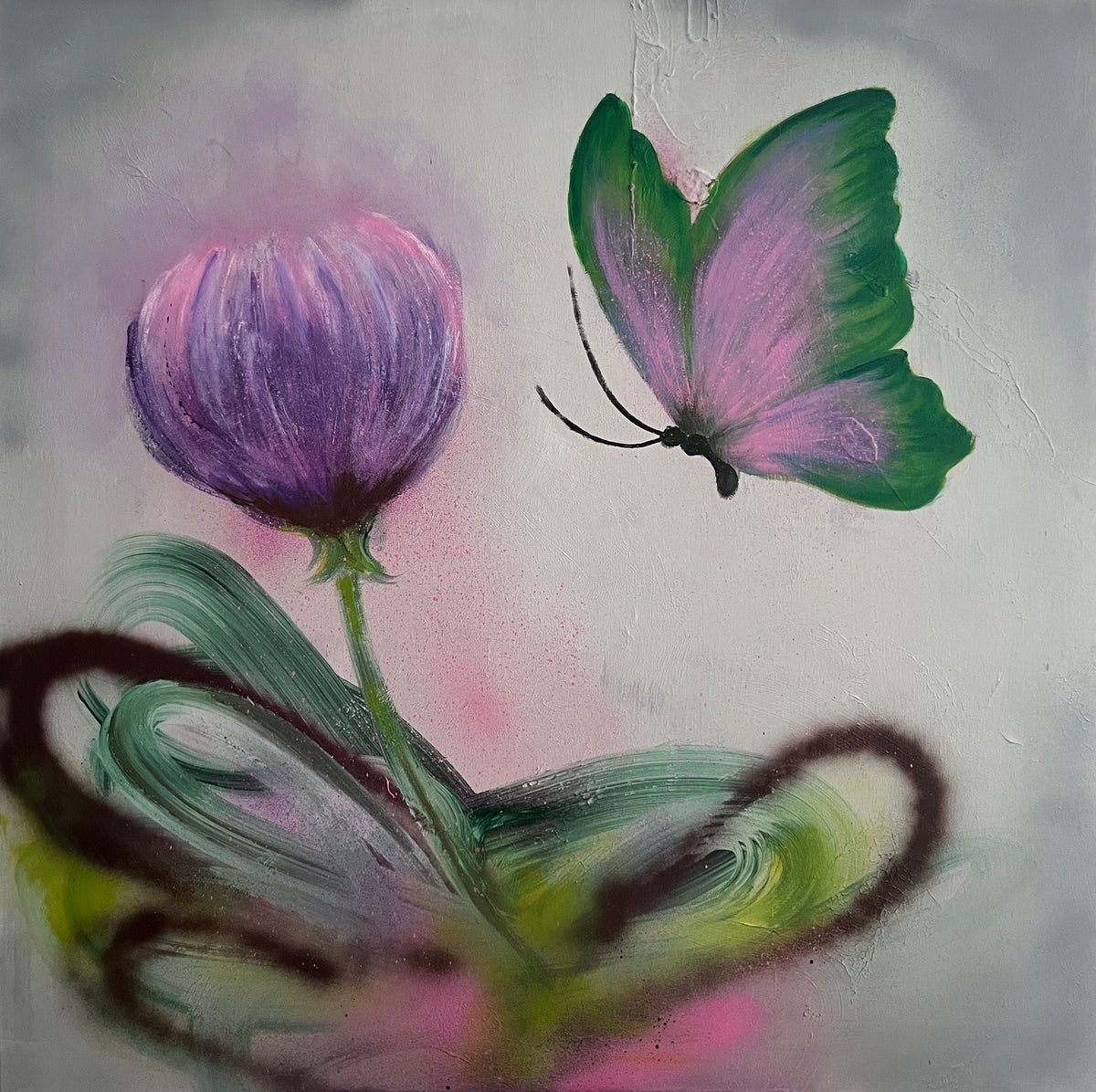 A colorful original painting of a purple flower and a green-and-purple butterfly on a light gray textured background.