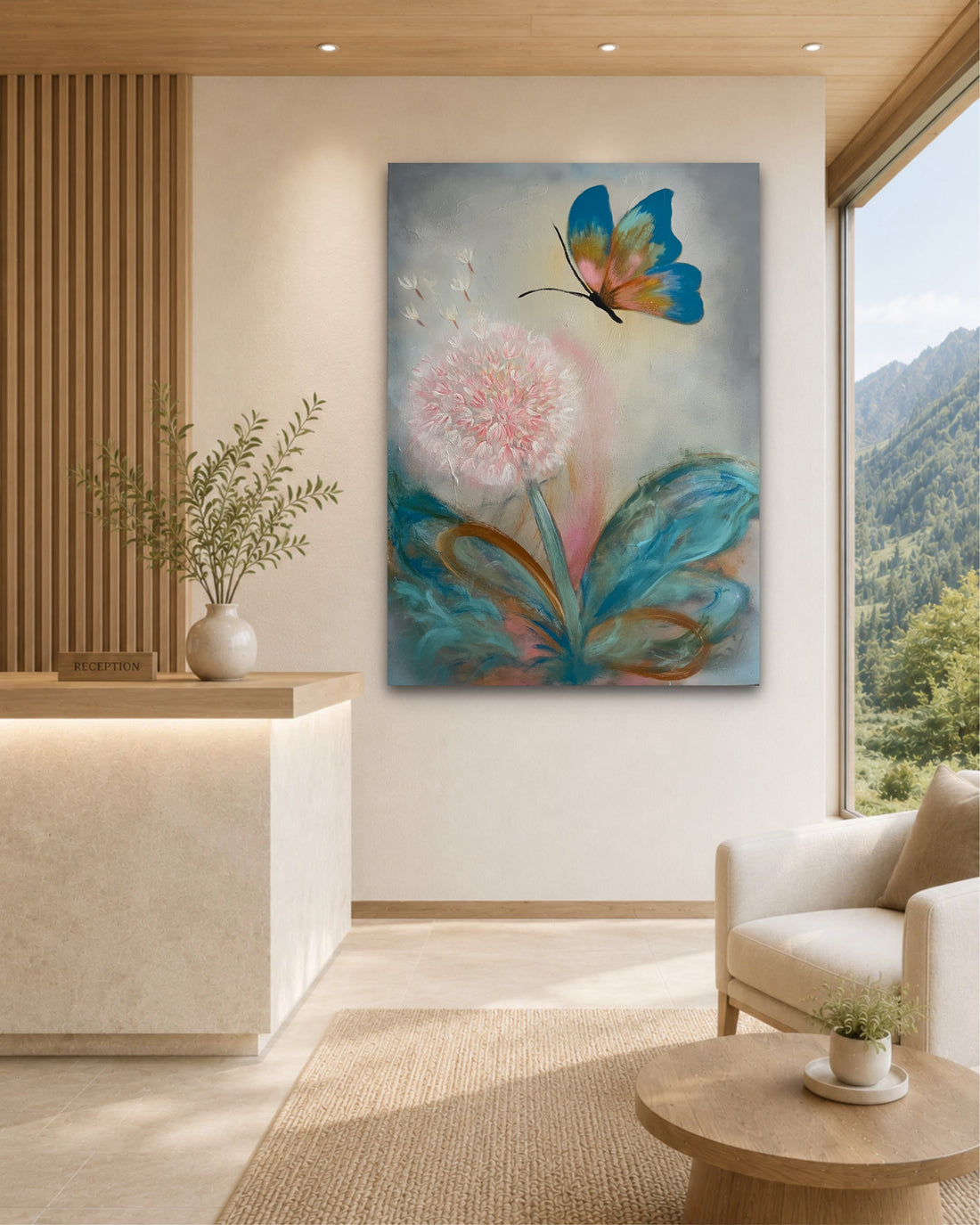 An expressive painting of a butterfly hovering near a dandelion. The butterfly has bright blue wings with orange and yellow accents, while the dandelion is soft pink and white.